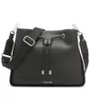 Calvin Klein Fay Drawstring Hobo With Adjustable Web Strap In Black,silver