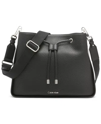 Calvin Klein Fay Drawstring Hobo With Adjustable Web Strap In Black,silver