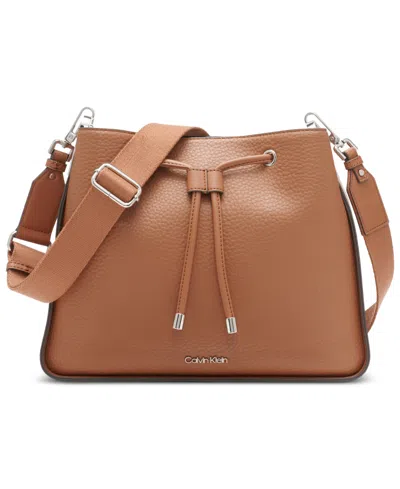 Calvin Klein Fay Drawstring Hobo With Adjustable Web Strap In Caramel