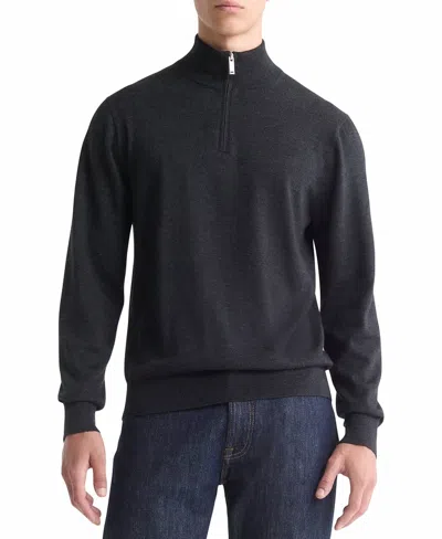 Calvin Klein Fine Merino Wool Blend Quarter Zip Sweater In Grey Heather In Black