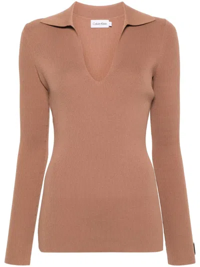 Calvin Klein Fine-ribbed Jumper In Brown