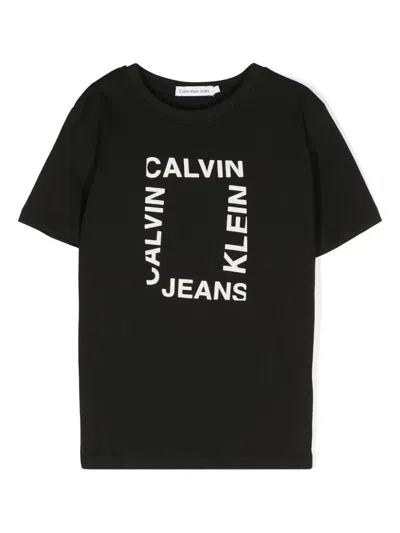 Calvin Klein Kids' Flocked-logo Cotton T-shirt In 黑色