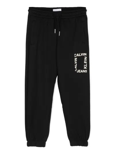 Calvin Klein Kids' Flocked-logo Cotton Track Pants In 黑色