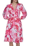 Calvin Klein Floral Balloon Sleeve Fit & Flare Dress In Watermelon Multi