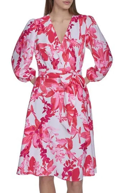 Calvin Klein Floral Balloon Sleeve Fit & Flare Dress In Watermelon Multi