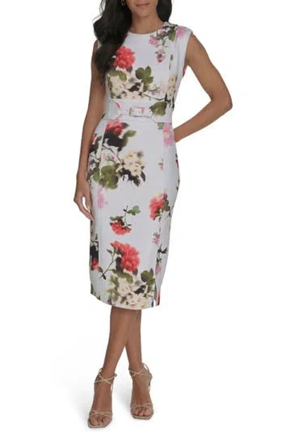 Calvin Klein Floral Buckle Sheath Dress In White Tulip