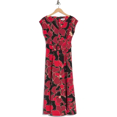 Calvin Klein Floral Cap Sleeve Belted Midi Dress In Multi