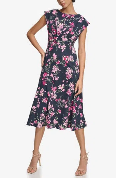 Calvin Klein Floral Cap Sleeve Empire Waist Midi Dress In Multi