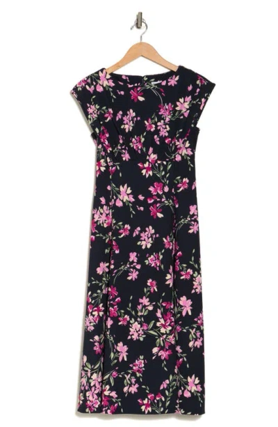 Calvin Klein Floral Cap Sleeve Empire Waist Midi Dress In Indigo/ Fuchsia Multi