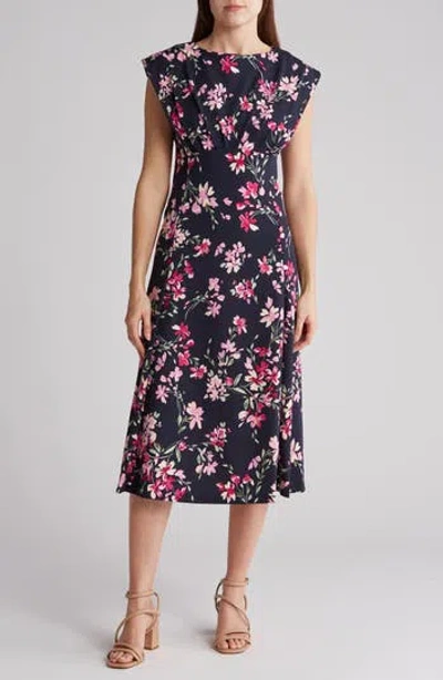 Calvin Klein Floral Cap Sleeve Empire Waist Midi Dress In Indigo/fuchsia Multi