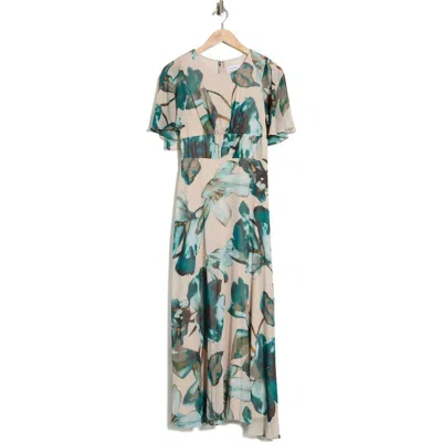 Calvin Klein Floral Cape Sleeve Chiffon Maxi Dress In Multi
