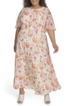Calvin Klein Floral Capelet Short Sleeve Chiffon Maxi Dress
