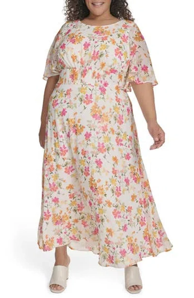 Calvin Klein Floral Capelet Short Sleeve Chiffon Maxi Dress