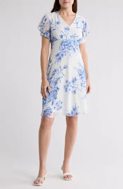 Calvin Klein Floral Chiffon Dress In Chambray Multi