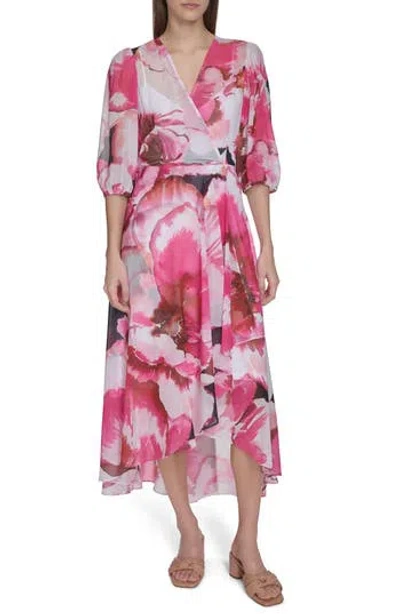 Calvin Klein Floral Chiffon Faux Wrap Midi Dress In Hibiscus Multi