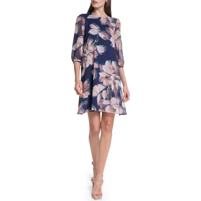 Calvin Klein Floral Chiffon Trapeze Dress In Blue