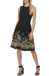 Calvin Klein Petites Womens Embroidered Mini Fit & Flare Dress In Black