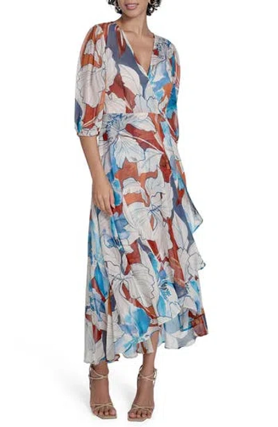 Calvin Klein Floral Faux Wrap Chiffon Maxi Dress