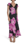 Calvin Klein Floral Flutter Sleeve Chiffon Maxi Dress In Black