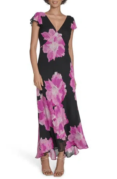 Calvin Klein Floral Flutter Sleeve Chiffon Maxi Dress In Black