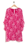 Calvin Klein Floral Flutter Sleeve Shift Dress In Hibiscus/wht