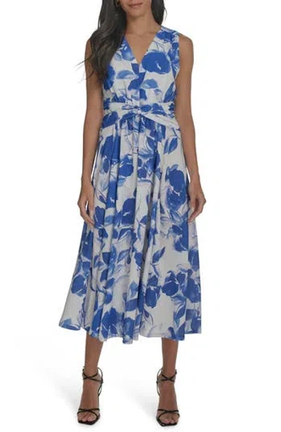 Calvin Klein Floral Knot Front Gauze Midi Dress In Opal Multi