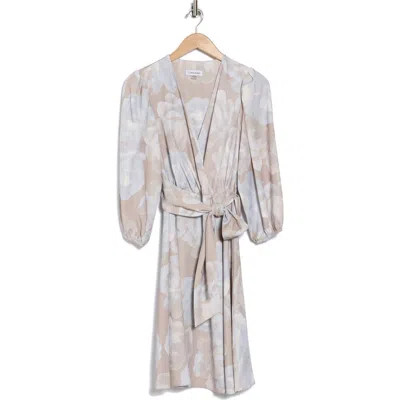 Calvin Klein Floral Long Sleeve A-line Dress In Oyster Multi