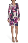 Calvin Klein Floral Long Sleeve Faux Wrap Dress In Multi
