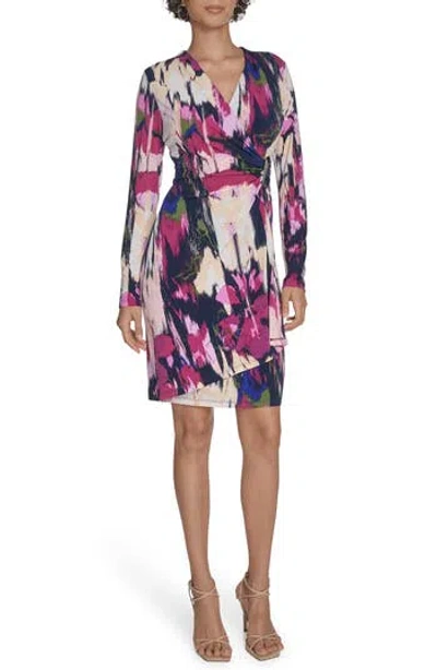 Calvin Klein Floral Long Sleeve Faux Wrap Dress In Multi