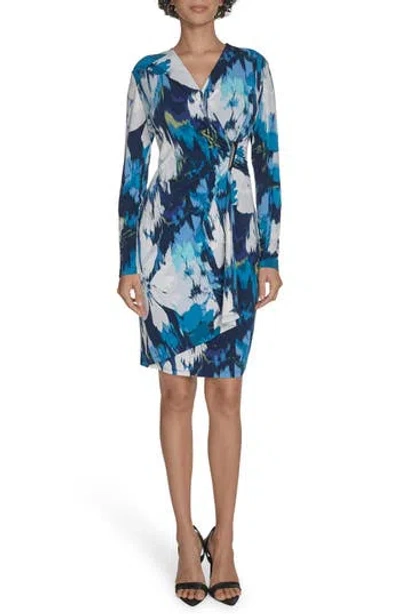 Calvin Klein Floral Long Sleeve Faux Wrap Dress In Blue