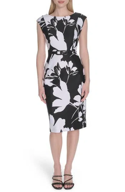 Calvin Klein Floral Print Chain Belt Sheath Dress In Multi
