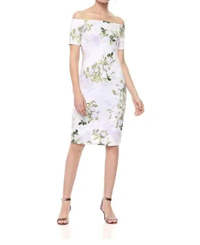 Calvin Klein Floral Print Off The Shoulder Scuba Dress In Lilac Green In Multi