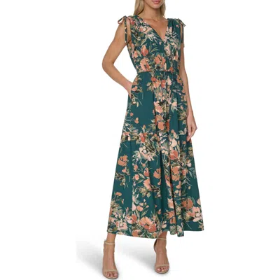 Calvin Klein Floral Print Tie Strap Maxi Dress In Green