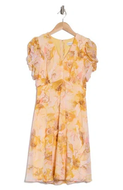 Calvin Klein Floral Puff Sleeve A-line Minidress In Buttercup Multi