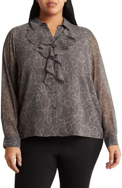 Calvin Klein Floral Ruffle Long Sleeve Button-up Shirt In Charcoal/tin