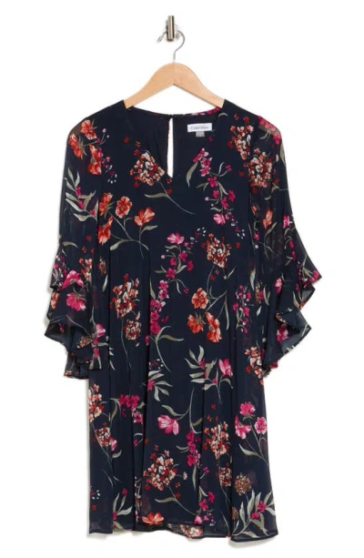 Calvin Klein Floral Ruffle Sleeve Trapeze Dress In Indigo Multi