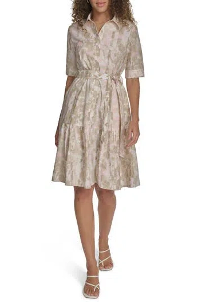 Calvin Klein Floral Short Sleeve Cotton Shirtdress In Stony Beige Multi