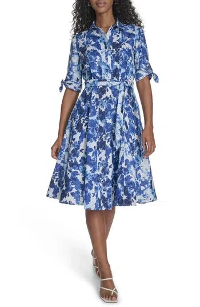 Calvin Klein Floral Short Sleeve Cotton Shirtdress In Ultramarine Multi