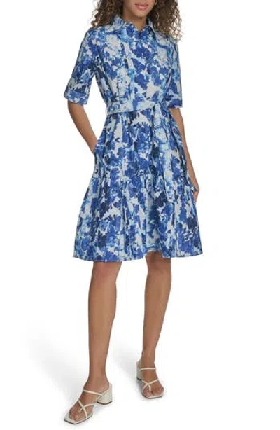 Calvin Klein Floral Short Sleeve Cotton Shirtdress In Ultramarine Multi