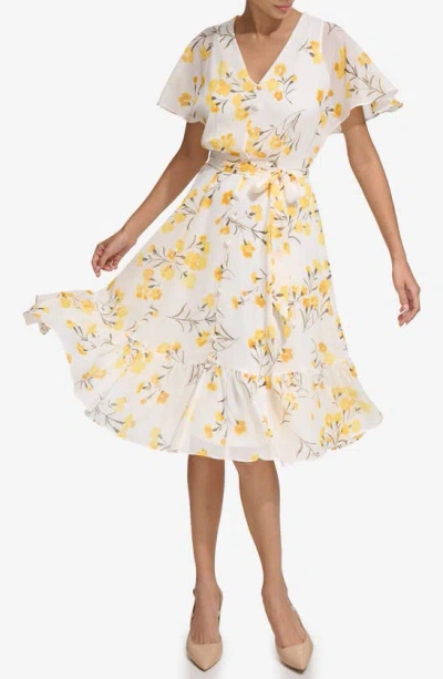 Calvin Klein Floral Short Sleeve Dress In Gold