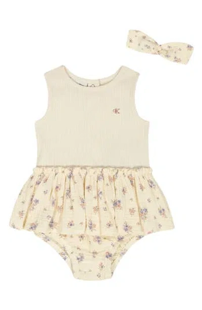 Calvin Klein Babies'  Floral Skirted Bodysuit & Headband Set In Neutral