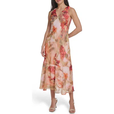 Calvin Klein Floral Sleeveless Chiffon Maxi Dress In Brown