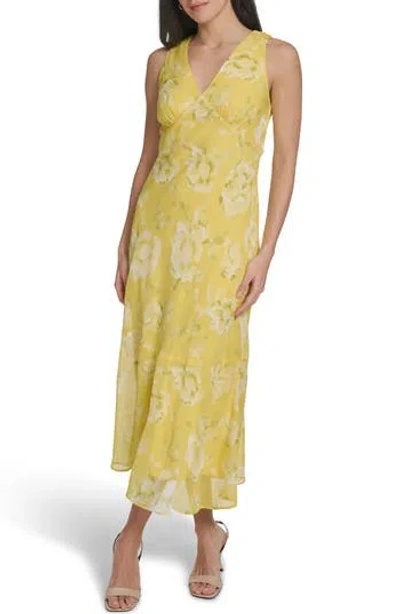Calvin Klein Floral Sleeveless Chiffon Maxi Dress In Yellow