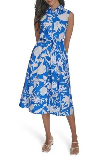 Calvin Klein Floral Sleeveless Cotton Shirtdress In Capri/white
