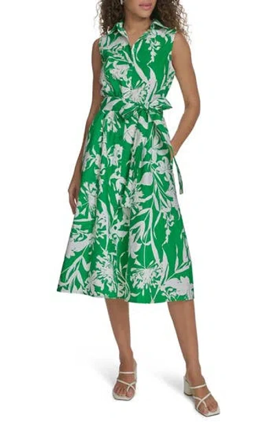 Calvin Klein Floral Sleeveless Cotton Shirtdress In Fern Multi