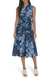Calvin Klein Floral Sleeveless Cotton Shirtdress In Indigo Multi