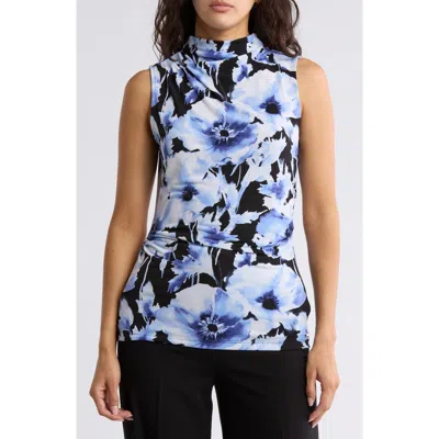 Calvin Klein Floral Sleeveless Funnel Neck Top In Blue