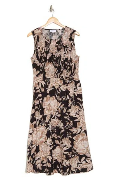 Calvin Klein Floral Sleeveless Smocked Fit & Flare Midi Dress