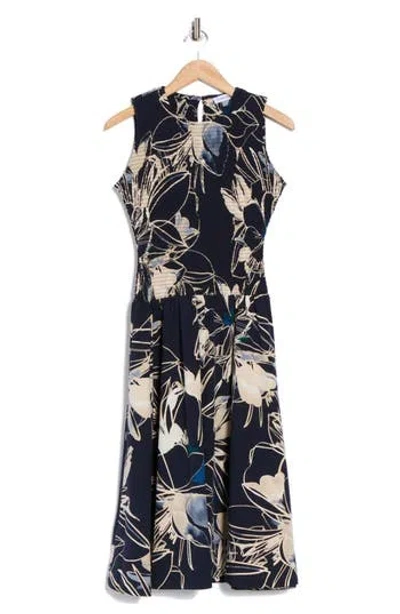 Calvin Klein Floral Sleeveless Smocked Fit & Flare Midi Dress In Black