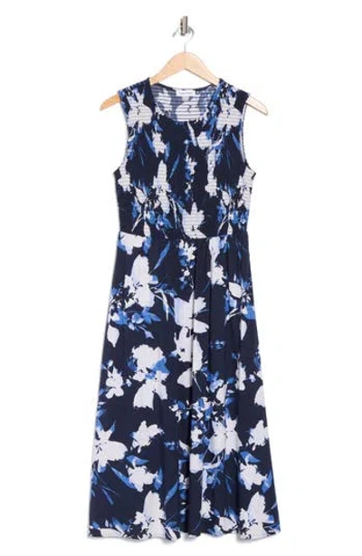 Calvin Klein Floral Smocked Bodice Midi Dress In Multi